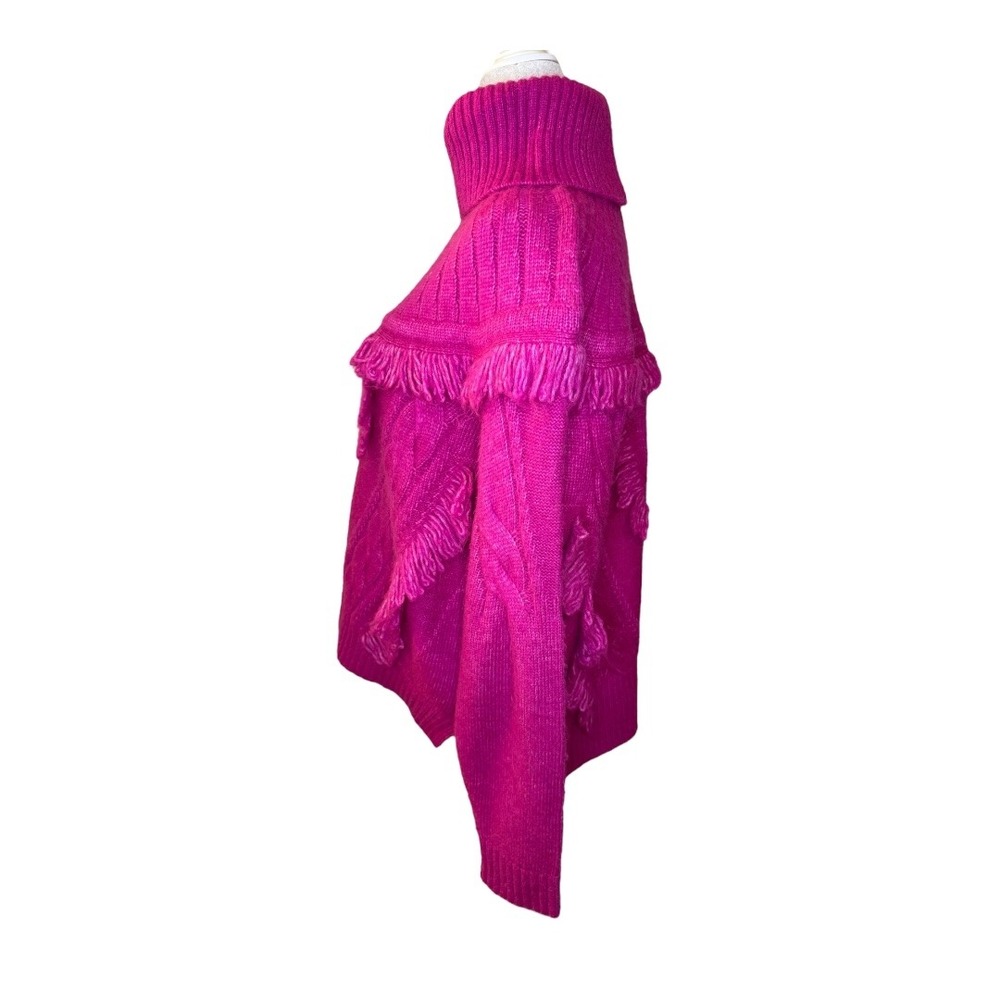 Ramy Brook Mya Sweater Fringe Trim Cable Knit Turtleneck Hot Pink Size Large NWT - Picture 3 of 9